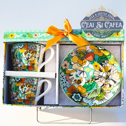 Set cănuțe de portelan cu farfurioare, FLORI EXOTICE, 2+2, cutie flori exotice - pentru ceai si cafea
