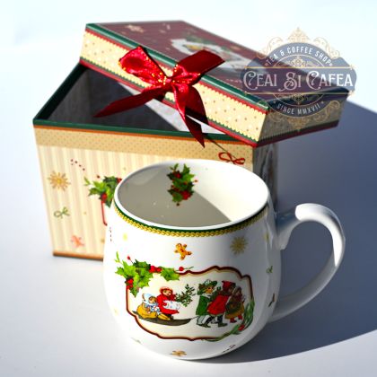 Cană de porțelan COPIII LA SĂNIUȘ - ALB - 250ml - în cutie rectangulară, cu fundiță