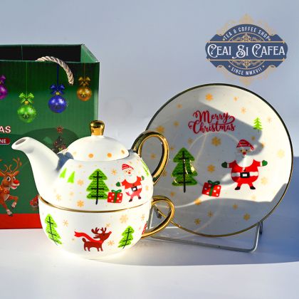 Ceainic cu ceașcă, Tea For One, HAPPY CHRISTMAS, SANTA TREE - LINEA GOLD - 380ml