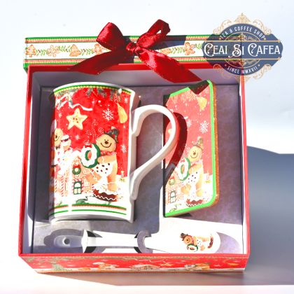 Set cana cu linguriță și coaster CASUȚA OMULUI DE TURTĂ DULCE - GINGERBREAD MAN - 250ml