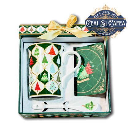 Set Cana cu linguriță de porțelan și coaster - BRĂDUȚI DE CRĂCIUN - 250ml - cutie rectangulara
