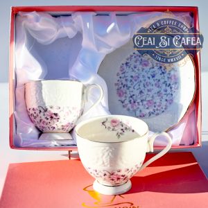  Set cesti de portelan cu farfurioare, floricele si embos, 2+2, cutie roz - pentru ceai si cafea
