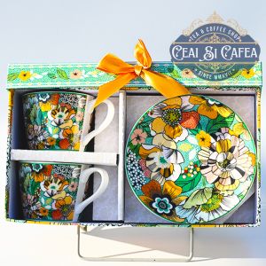 Set cănuțe de portelan cu farfurioare, FLORI EXOTICE, 2+2, cutie flori exotice - pentru ceai si cafea
