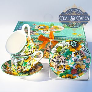 Set cănuțe de portelan cu farfurioare, FLORI EXOTICE, 2+2, cutie flori exotice - pentru ceai si cafea