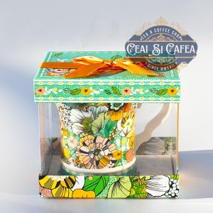 Cana din portelan, FLORI EXOTICE - 250ml, cutie cub cu fereastra si fundita