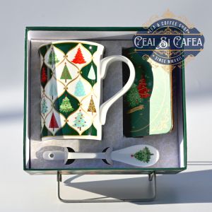 Set Cana cu linguriță de porțelan și coaster - BRĂDUȚI DE CRĂCIUN - 250ml - cutie rectangulara