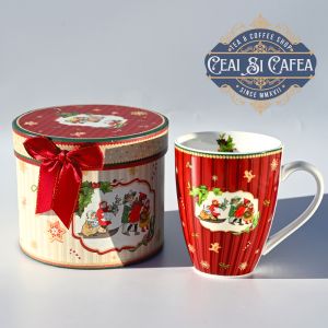 Cană de porțelan COPII LA SĂNIUȘ - ROȘU - 300ml - in cutie cilindrică pentru cadou