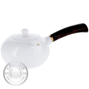 Ceainic de portelan alb, cu maner lateral din lemn de salcie CE BA HU - YANGZHI HU - vol. 0.6L