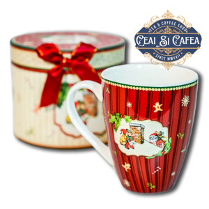 Cană de porțelan COPII LA SĂNIUȘ - ROȘU - 300ml - in cutie cilindrică pentru cadou