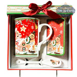 Set cana cu linguriță și coaster CASUȚA OMULUI DE TURTĂ DULCE - GINGERBREAD MAN - 250ml