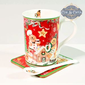 Set cana cu linguriță și coaster CASUȚA OMULUI DE TURTĂ DULCE - GINGERBREAD MAN - 250ml