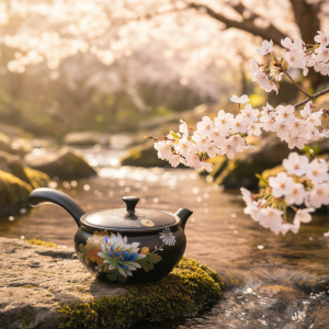 Kyusu „Midnight Bloom” – Ceainic în stil japonez, 110 ml, ceramică emailată decorată