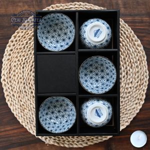 Sachiko – Set 5 Cupe Japoneze din Porțelan Fin cu Model Asanoha, 8,9 cm
