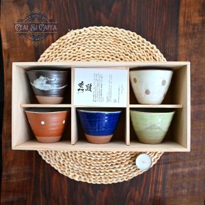 Go Shiki Yunomi – Set 5 Cupe Japoneze din Ceramică Artizanală, Cutie de Lemn, 9,4 cm