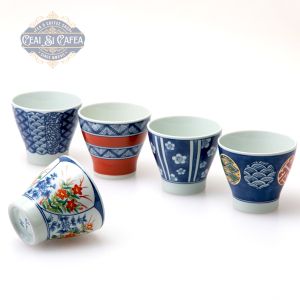 Wagara Guinomi – Set 5 Cupe Japoneze din Porțelan Fin cu Modele Wagara