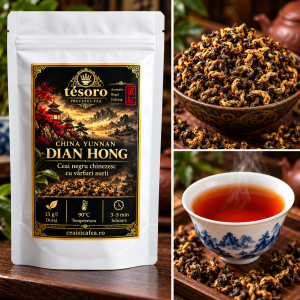 Punga de ceai negru  China Yunnan Dian Hong, cupa cu ceai Dian Hong si infuzia Dain Hong
